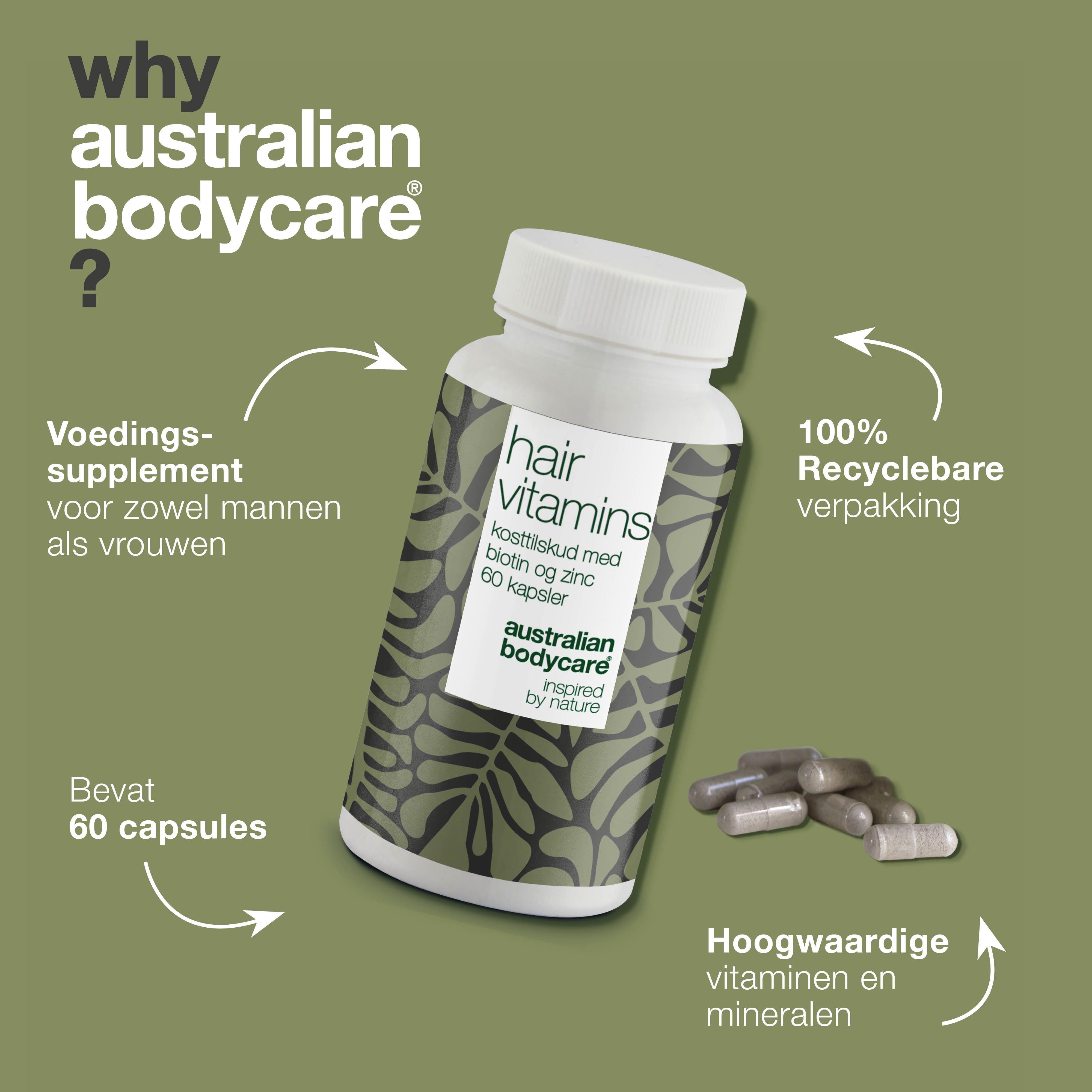 Fles met capsules en tekst. Opschrift: Hair Vitamins, biotine en zink. Merk: Australian Bodycare.