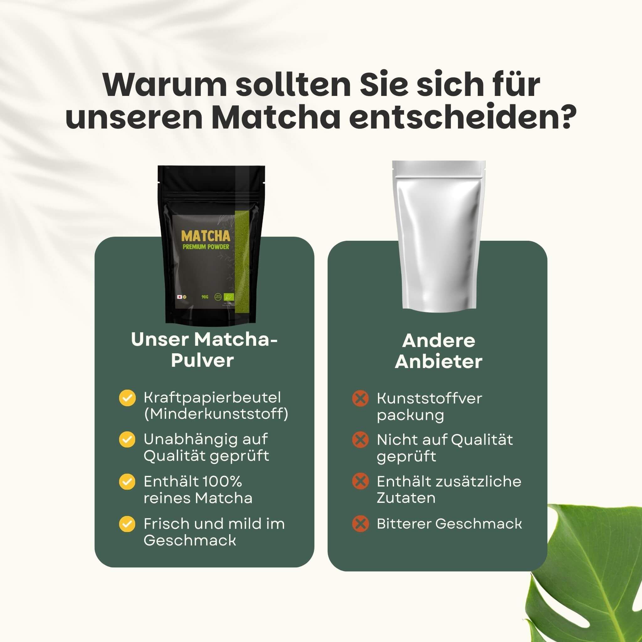 Vergelijking van eigen matcha poeder in kraftpapieren zak met dat van andere aanbieders in plastic verpakking.