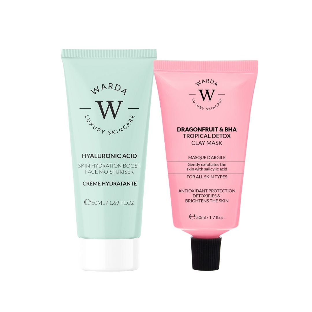 Twee tubes Warda Luxury Skincare. Een groene tube met "Hyaluronzuur". Een roze tube met "Dragonfruit & BHA". 