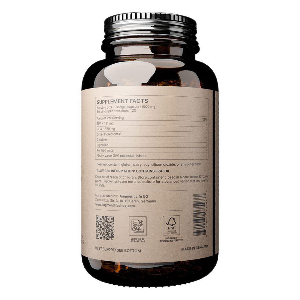 Bouteille en verre brun avec bouchon argenté, étiquette d'informations nutritionnelles et code QR. Contient 120 gélules.