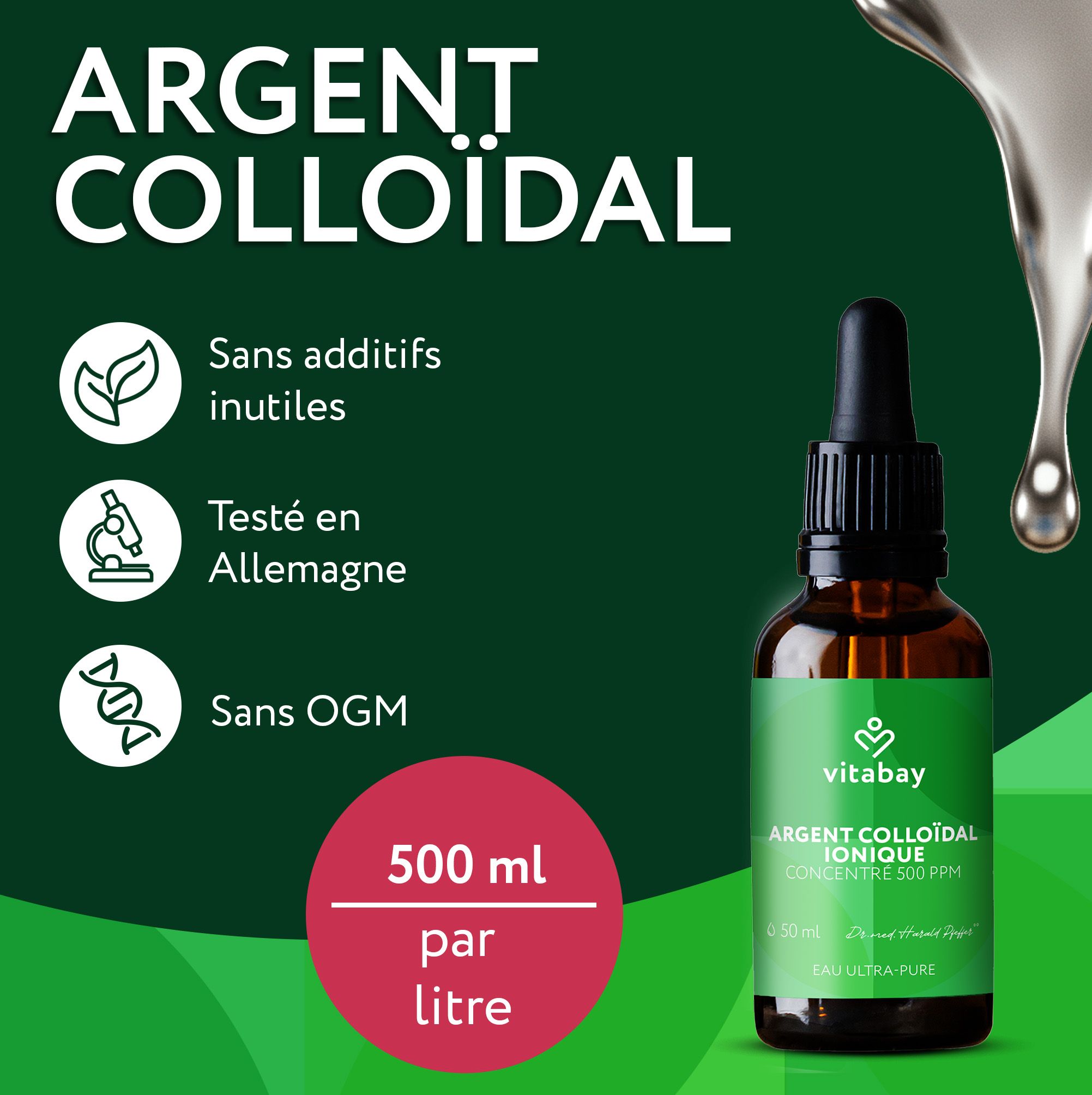 Logo Vitabay, flacon d'argent colloïdal, argent pur à 99,99%, sans chlorures, protéines ni sels.