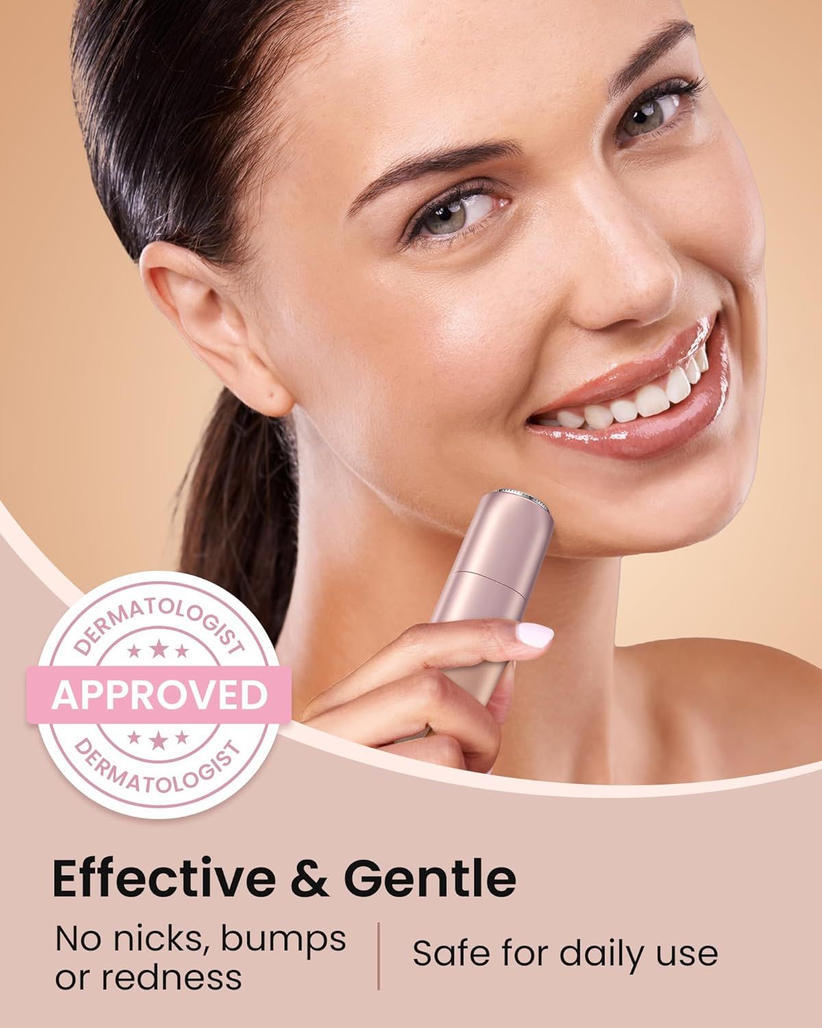 Épilateur facial rose. Approuvé par les dermatologues. Texte : Efficace et doux, pas de rougeurs. Sûr pour un usage quotidien.