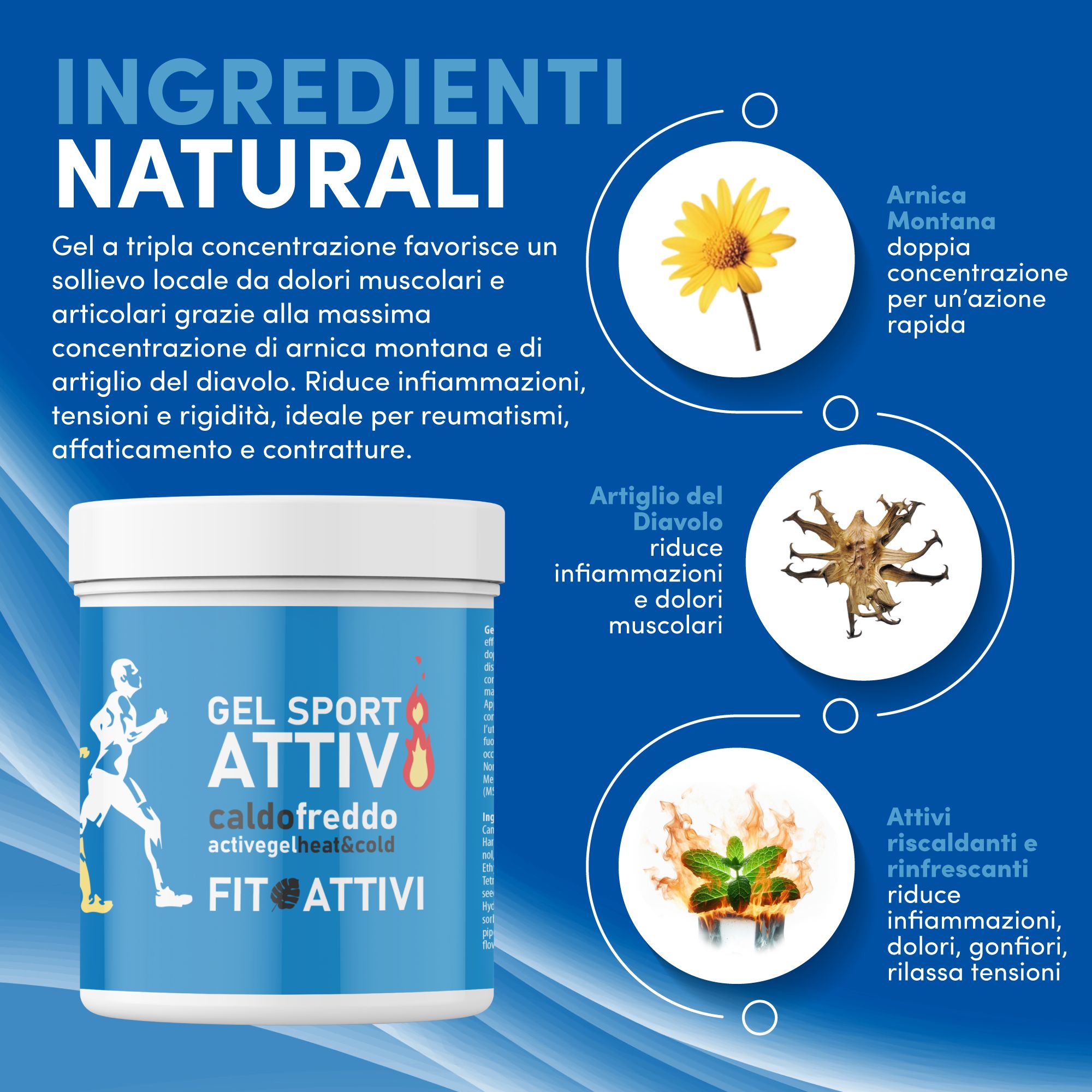 Pot de produit avec texte: Gel Sport Attiv, caldo freddo, Fit Attivi. Ingrédients: Arnica, griffe du diable, menthe. Pour douleurs musculaires et articulaires.