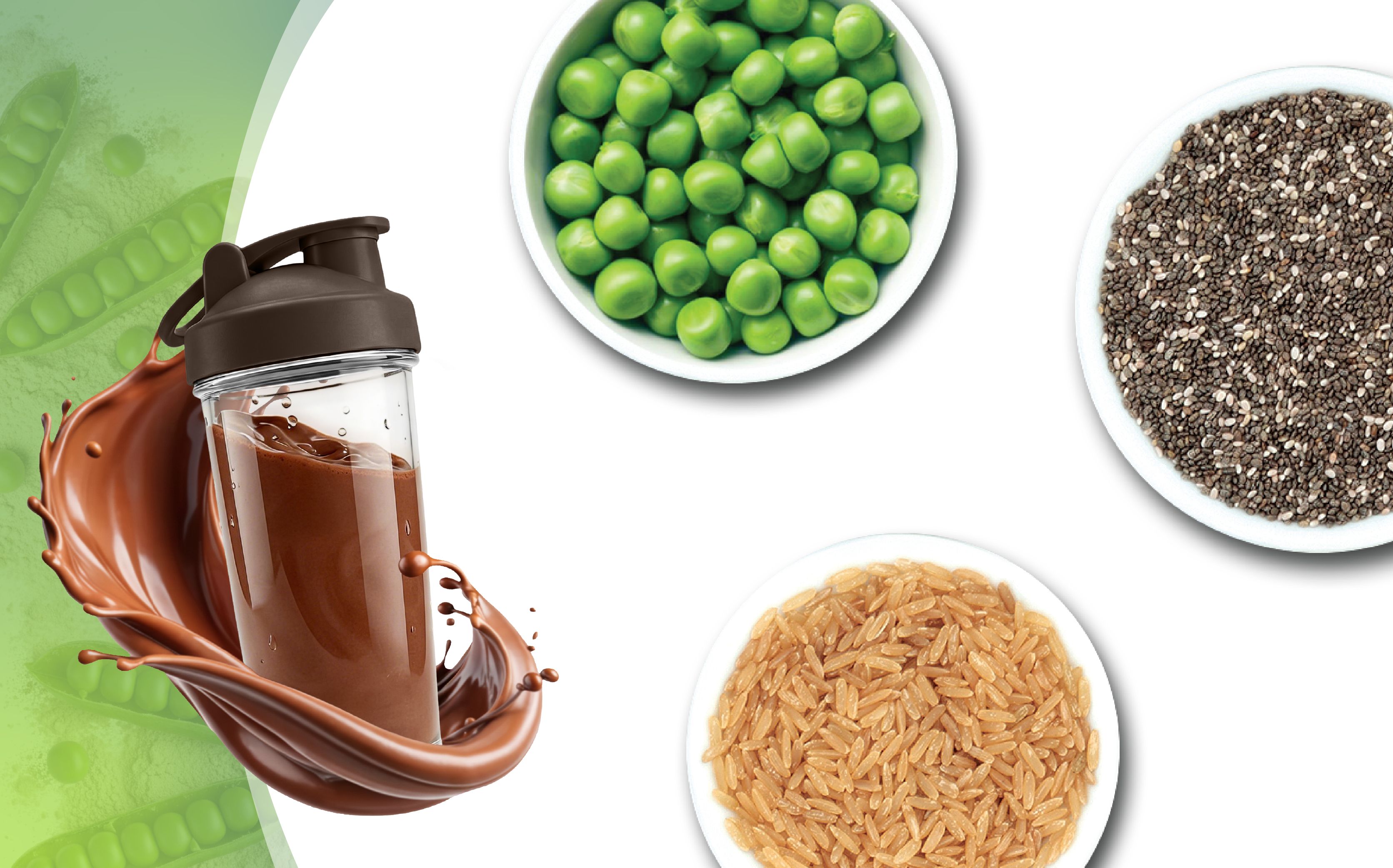 Shake protéiné au chocolat dans un shaker, entouré de pois, de graines de chia et de riz.