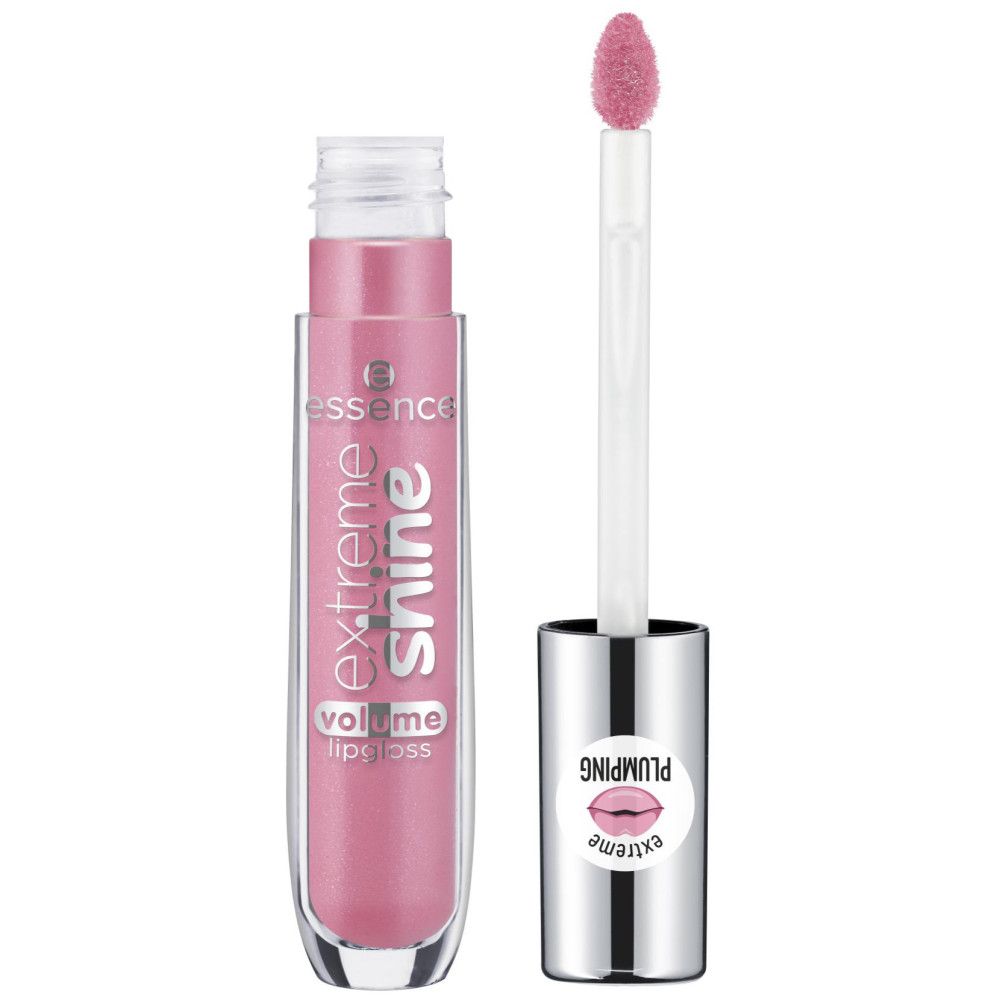 Open lipgloss tube met applicator. Roze inhoud, tekst "extreme shine volume lipgloss". Zilveren dop met sticker "extreme plumping".