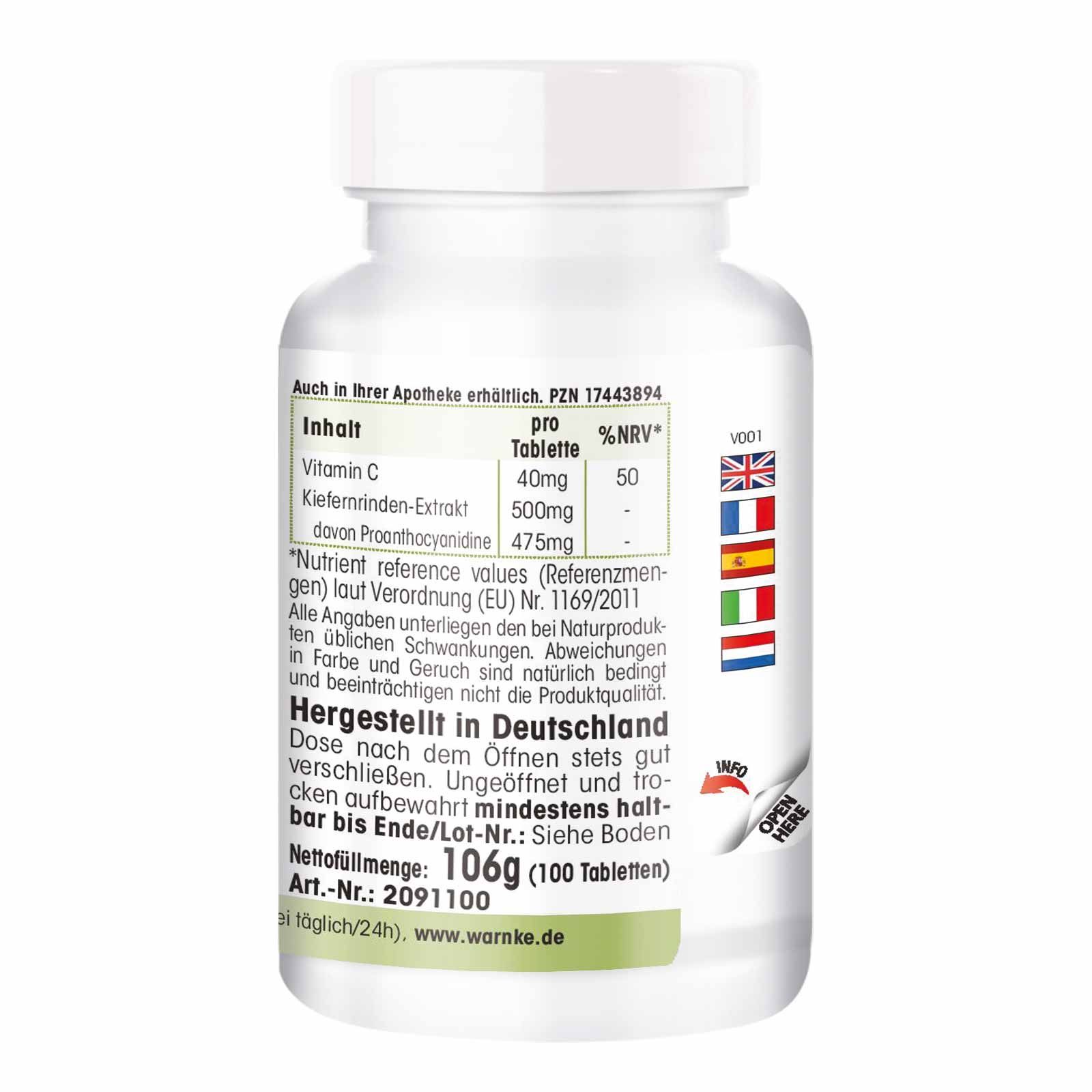 Achterkant van de tablettenfles. Tekst met voedingswaarde-informatie en houdbaarheidsdatum. Gemaakt in Duitsland.