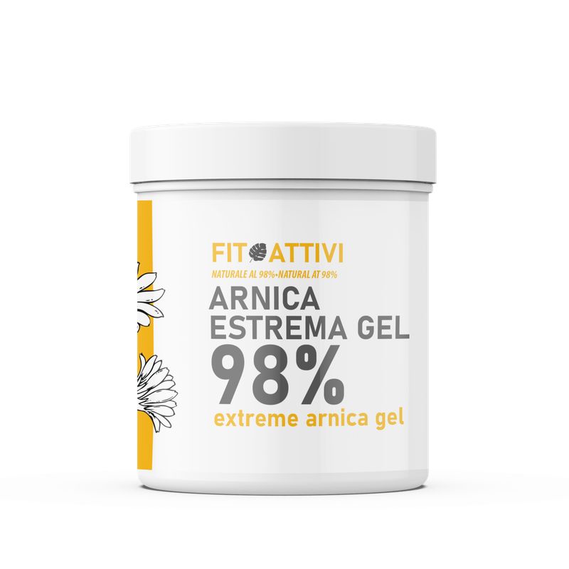 Pot blanc avec bande jaune. Inscription: Arnica Estrema Gel 98%. Marque: Fit Attivi.