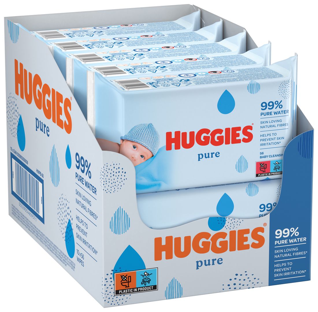 Boîte mensuelle de lingettes Huggies Pure. Plusieurs paquets dans une boîte en carton. Emballage bleu avec bébé. 99% d'eau.