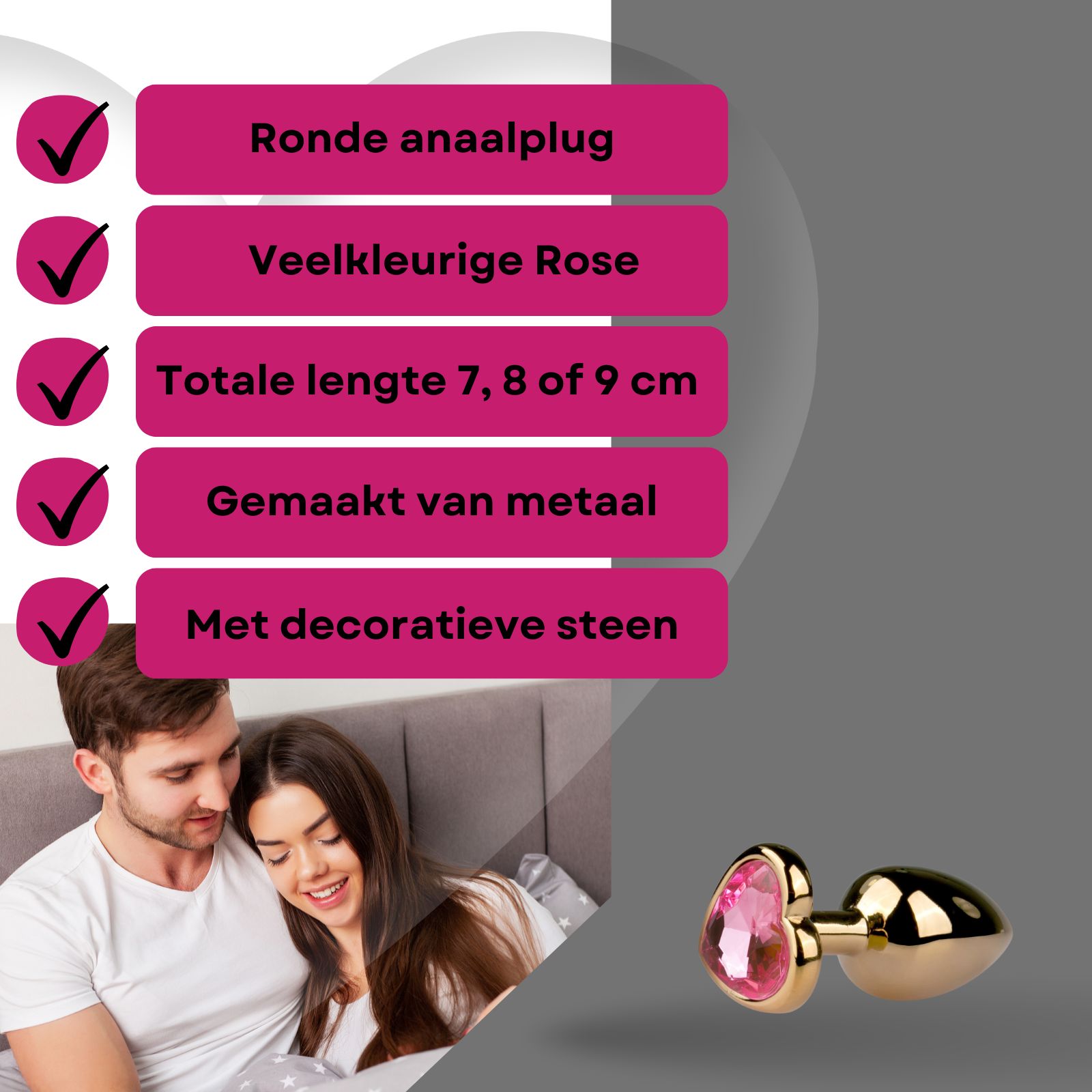 Gouden anale plug met hartvormige siersteen. Roze steen.