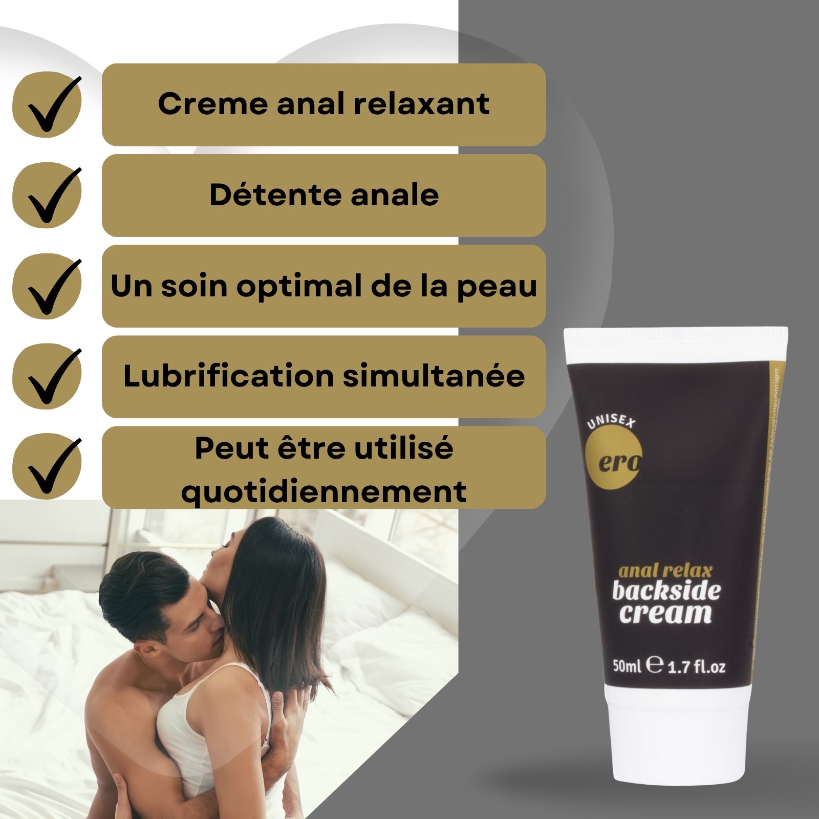 Tube de crème et boîte. Inscription : "Ero", "anal relax backside cream". Tube noir, texte doré. Couple en arrière-plan.