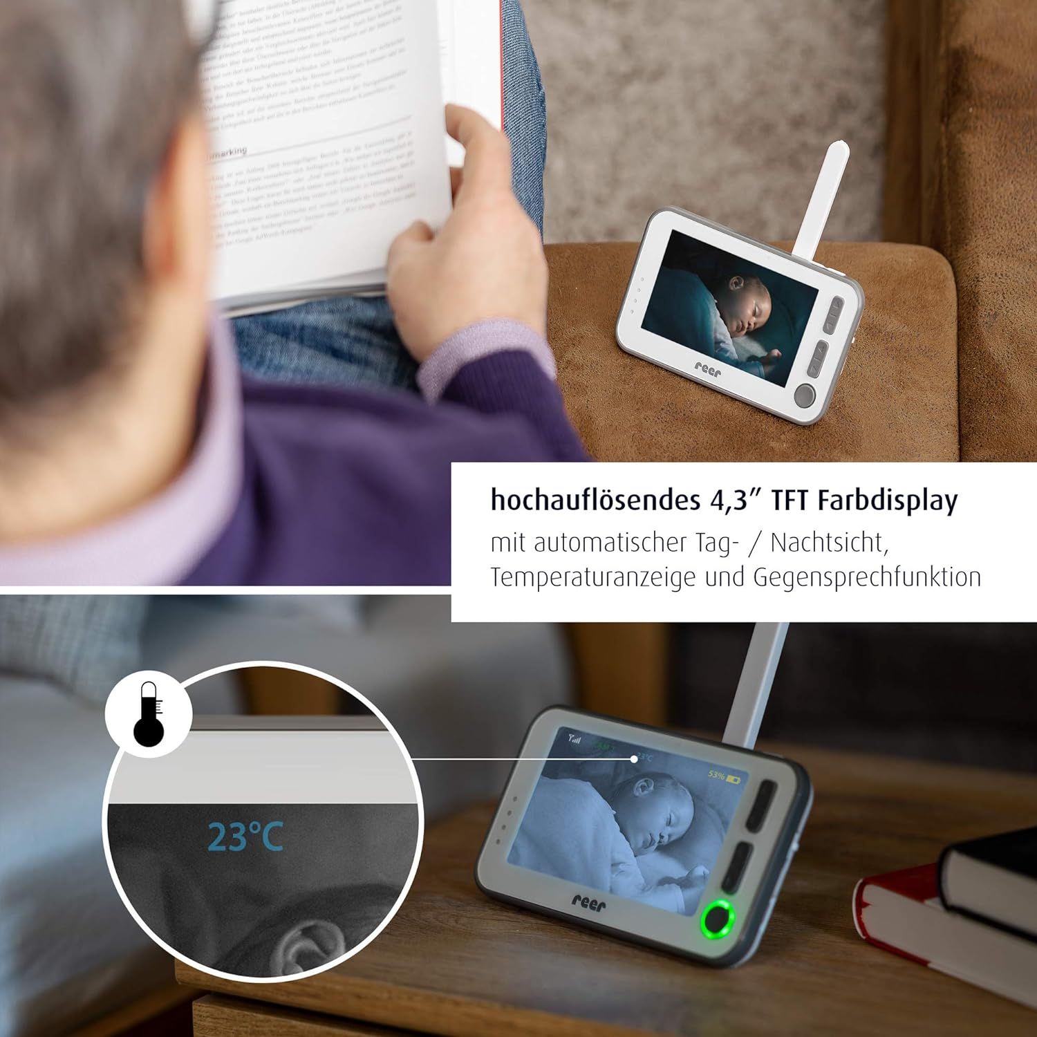 Écran de babyphone sur une table. Montre un bébé endormi. Texte: Écran couleur TFT 4,3" haute résolution. Affichage de la température.