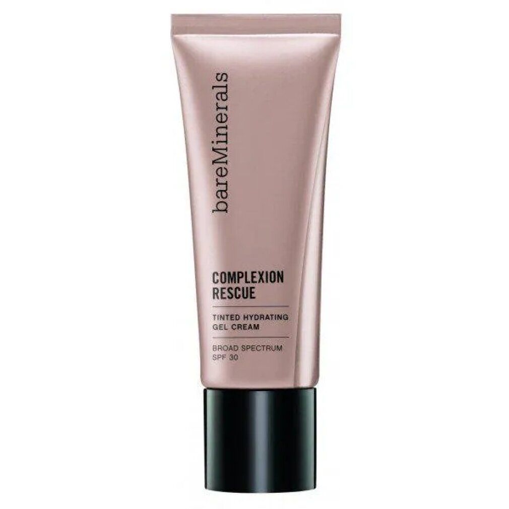 Tube de crème hydratante teintée. Marque : bareMinerals. Texte : COMPLEXION RESCUE, crème gel hydratante teintée, SPF 30.