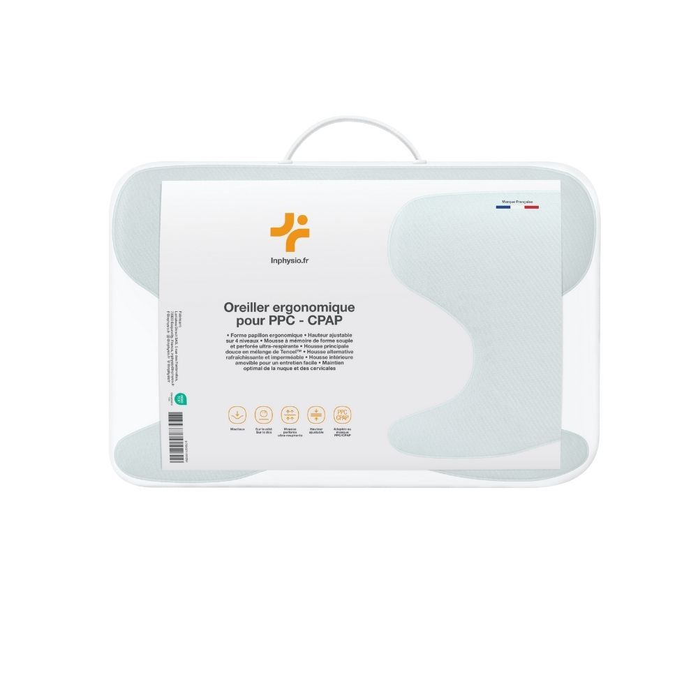 Ergonomisch kussen voor PPC/CPAP. Lichtblauw, met handvat. Verpakking met informatie.