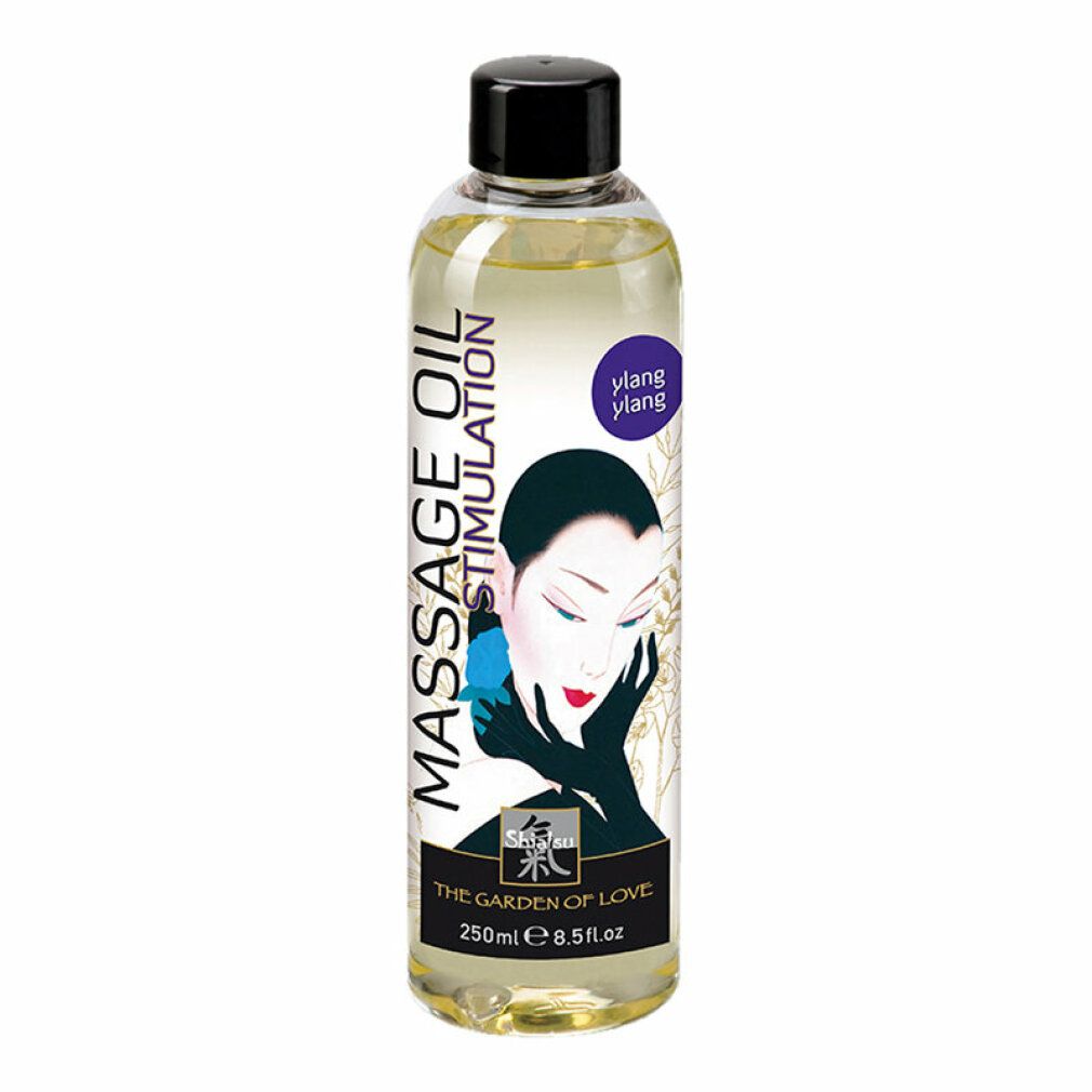 Flacon d'huile de massage avec bouchon noir. Inscription: Massage Oil Stimulation, illustration de femme, Ylang Ylang, The Garden of Love.
