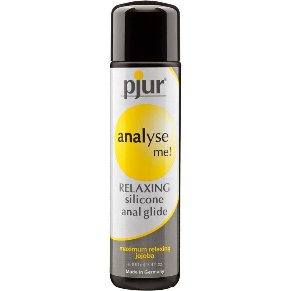 Cilindrische fles met zwarte dop. Geel logo en tekst "pjur analyse me!". Productnaam.