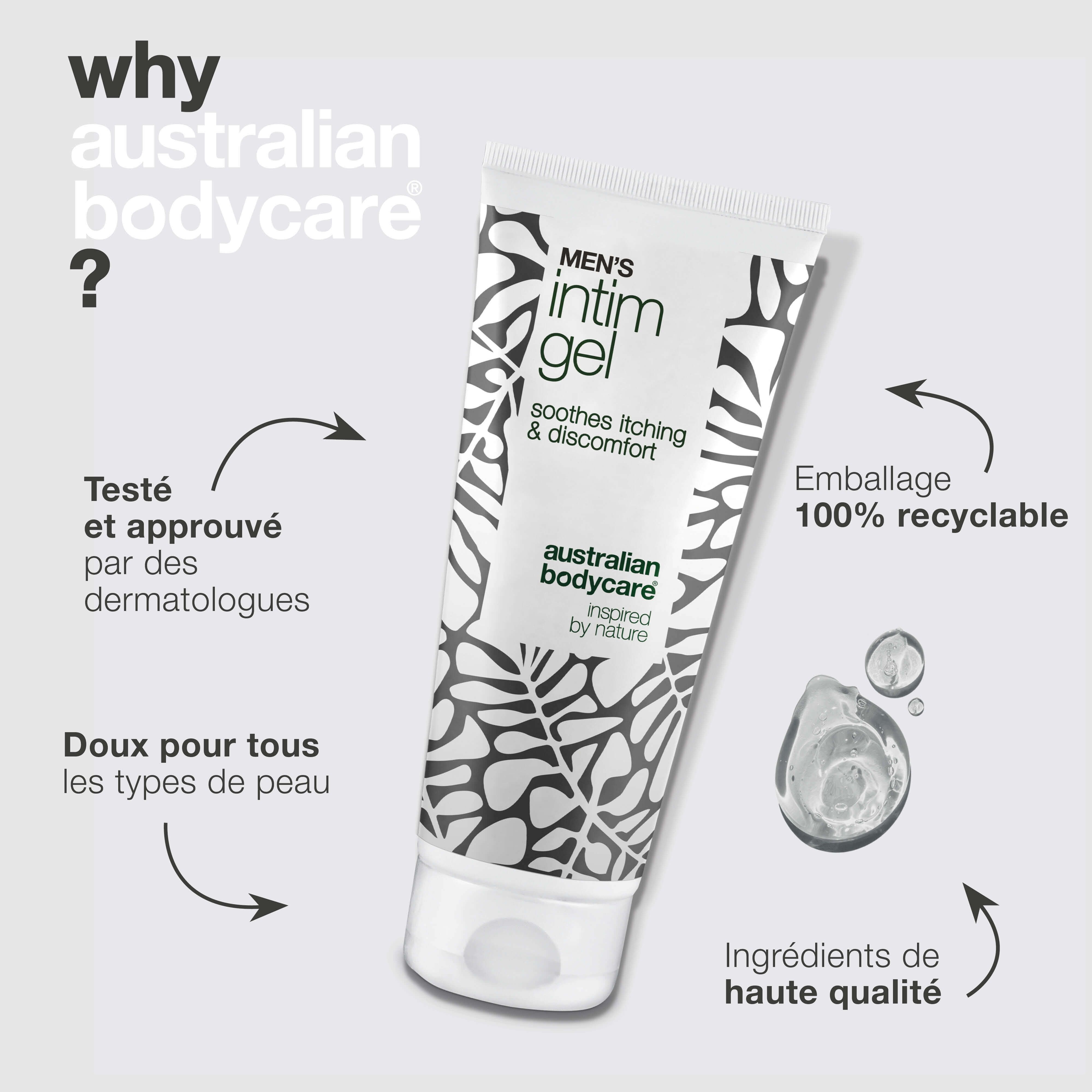Tube de gel intime. Texte: Men's Intim Gel, apaise les démangeaisons et l'inconfort. Texte: Testé, emballage 100% recyclable, etc.