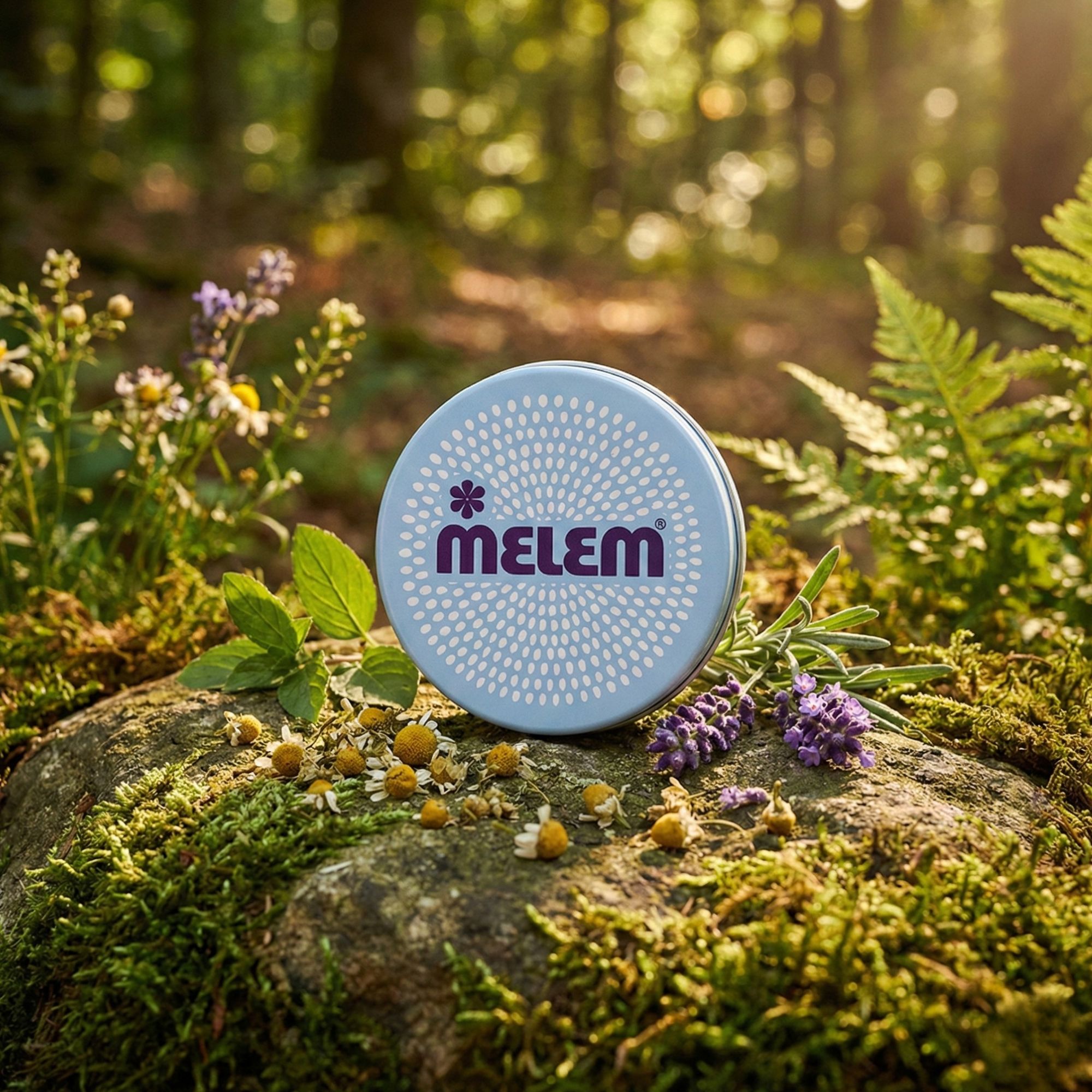 Lichtblauwe, ronde pot met "MELEM" logo, geplaatst op een steen, omringd door planten en bloemen in een bos.