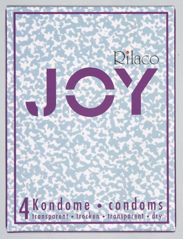 Boîte de préservatifs Rilaco JOY. Contient 4 préservatifs. Inscription : transparent, trocken, transparent, dry.