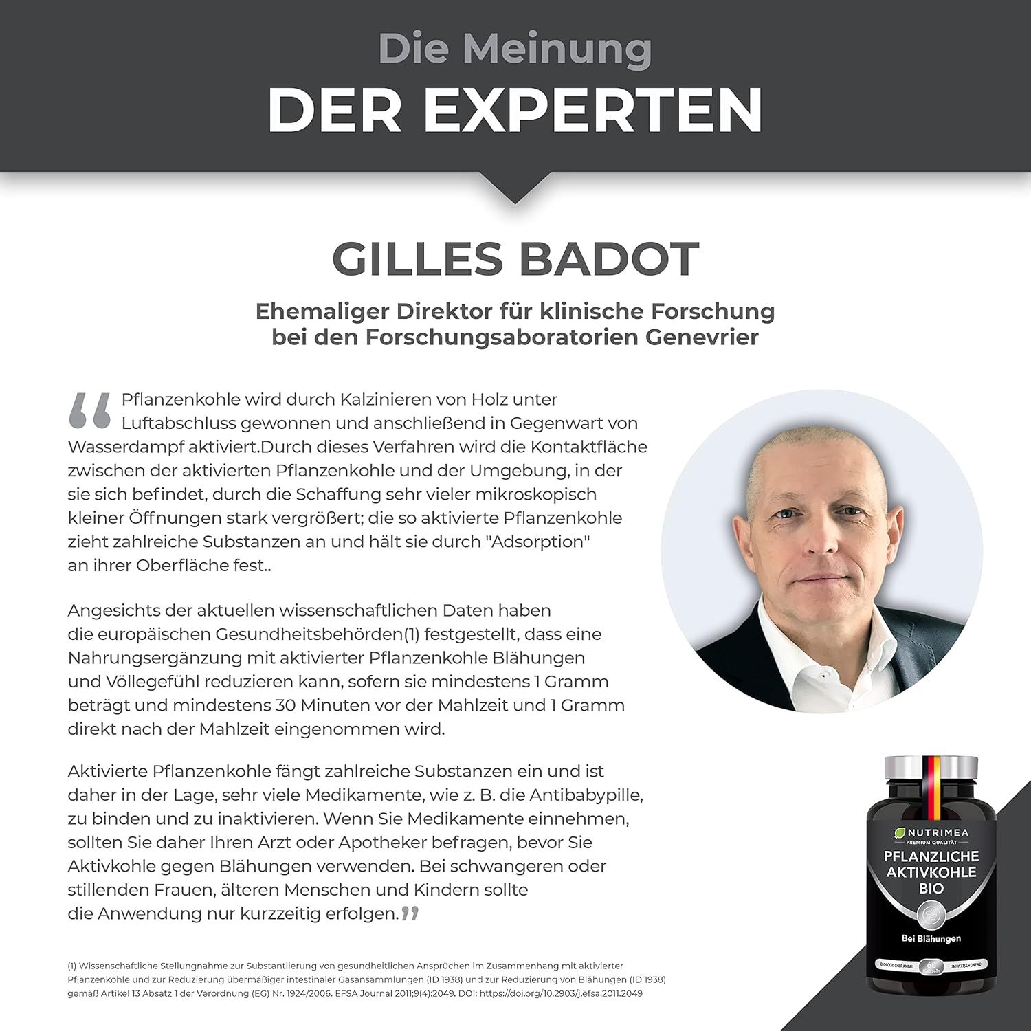 Expert mening van Gilles Badot. Tekst over actieve kool en de effecten ervan. Productfles op de achtergrond.