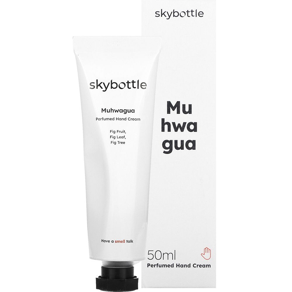 Tube et boîte blancs. Inscription: skybottle, Muhwagua Perfumed Hand Cream. Texte: Fig Fruit, Fig Leaf, Fig Tree. 50ml.