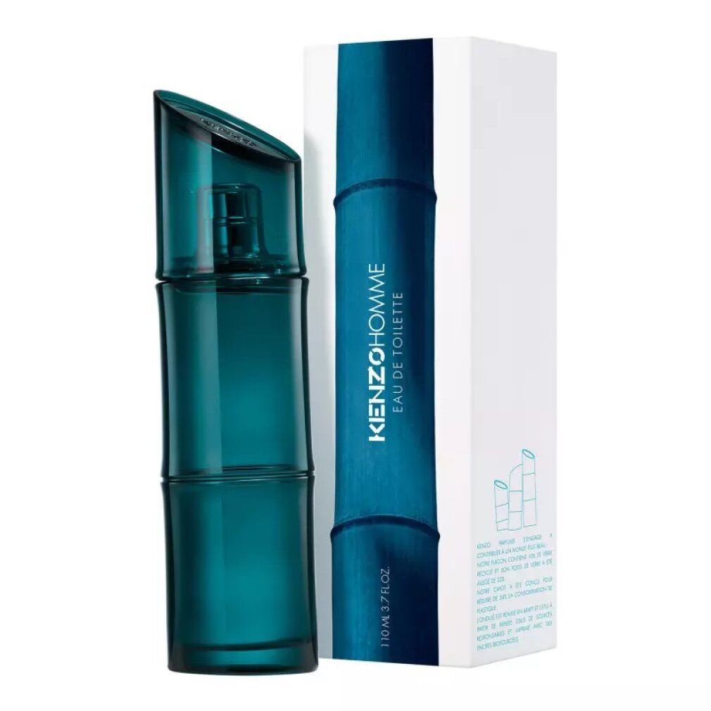 Flacon et emballage turquoise. L'emballage porte la mention Kenzo Homme Eau de Toilette. 110 ml.