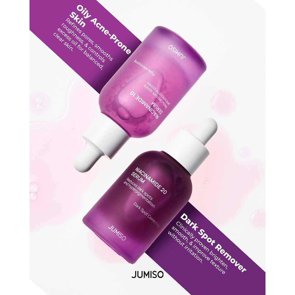 Twee paarse druppelflaconnen met serums, één voor de vette, acne-gevoelige huid, de ander voor het verwijderen van donkere vlekken.