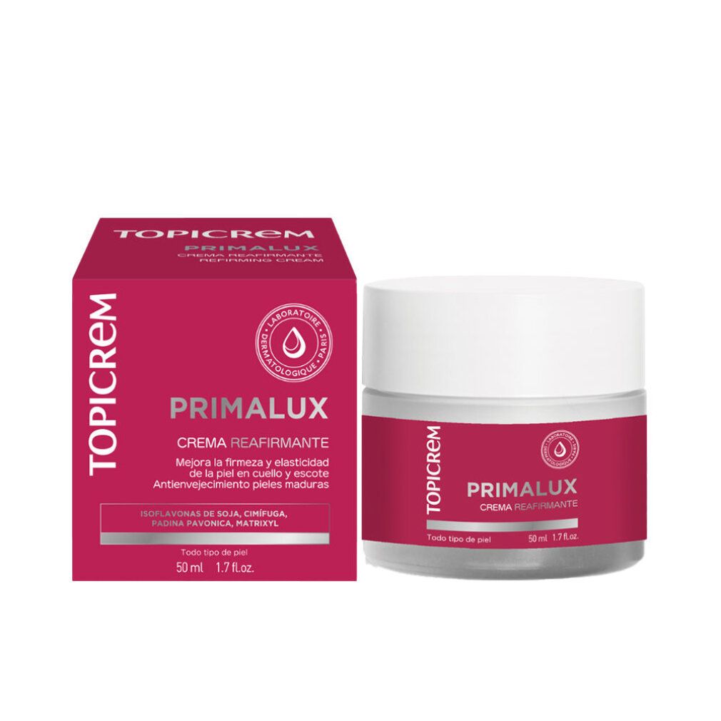 Pot de crème et boîte. Inscription TOPICREM et PRIMALUX. Texte: Crema Reafirmante. 50 ml.