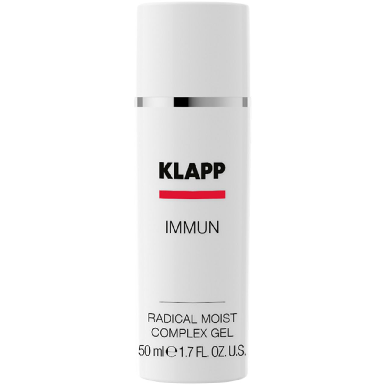 Witte fles met zilveren ring. Opschrift: KLAPP, Immun, Radical Moist Complex Gel, 50 ml. Huidverzorgingsproduct.