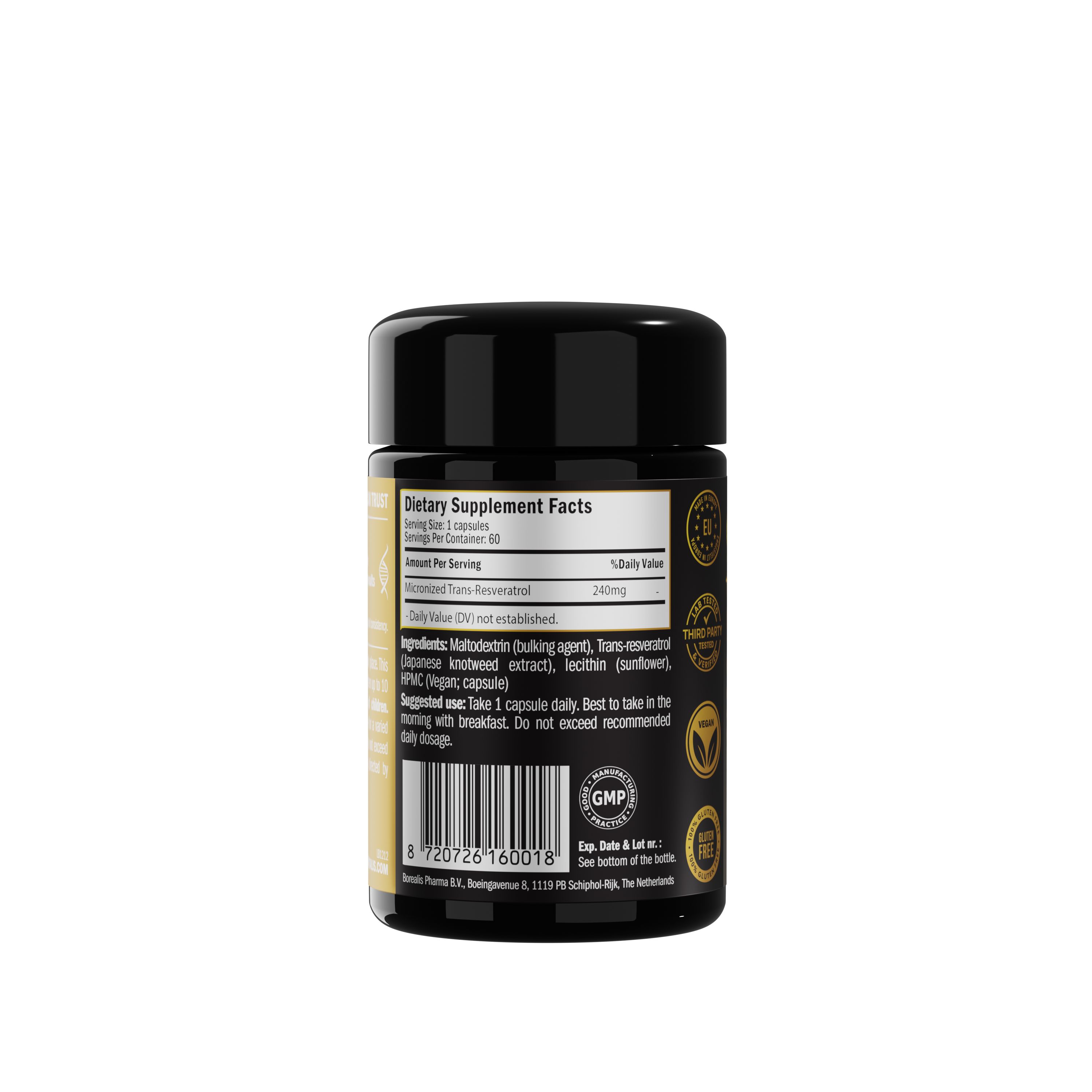 Achterkant zwarte fles 'Purovitalis Liposomal Resveratrol'. Bevat informatie over ingrediënten en voedingswaarde.