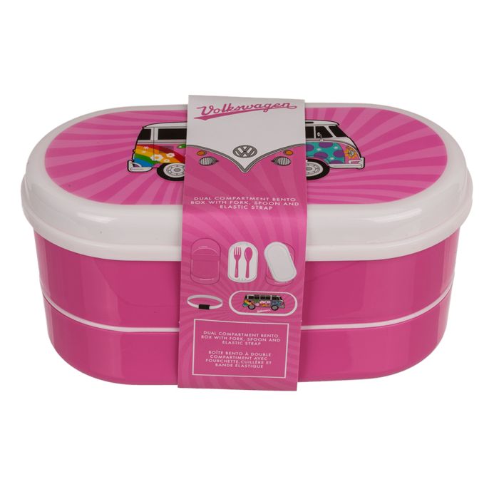 Roze broodtrommel met wit deksel. VW bus motief op deksel. Met vork, lepel en elastiek.