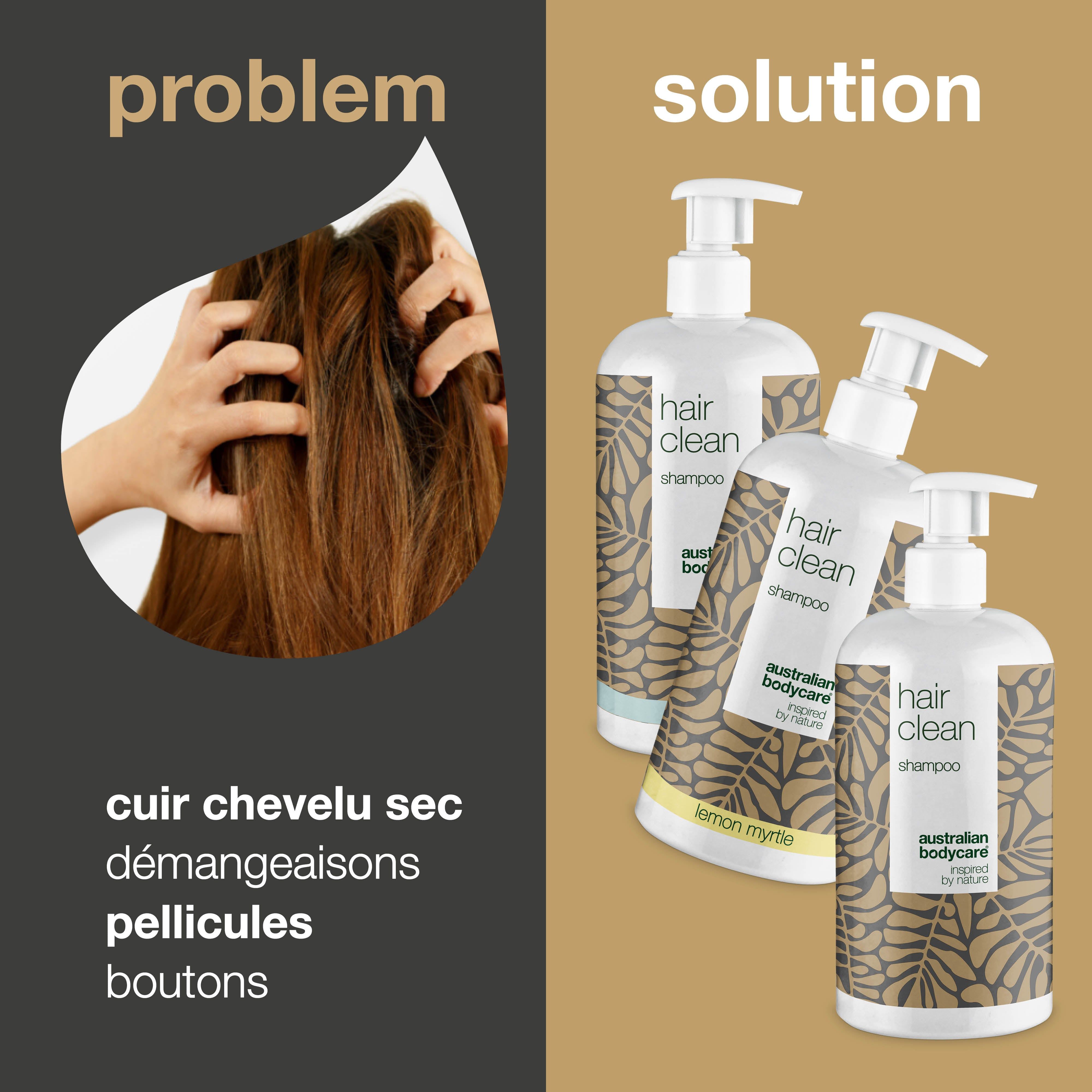 Problème : cuir chevelu sec, démangeaisons, pellicules, boutons. Solution : trois flacons de shampooing.