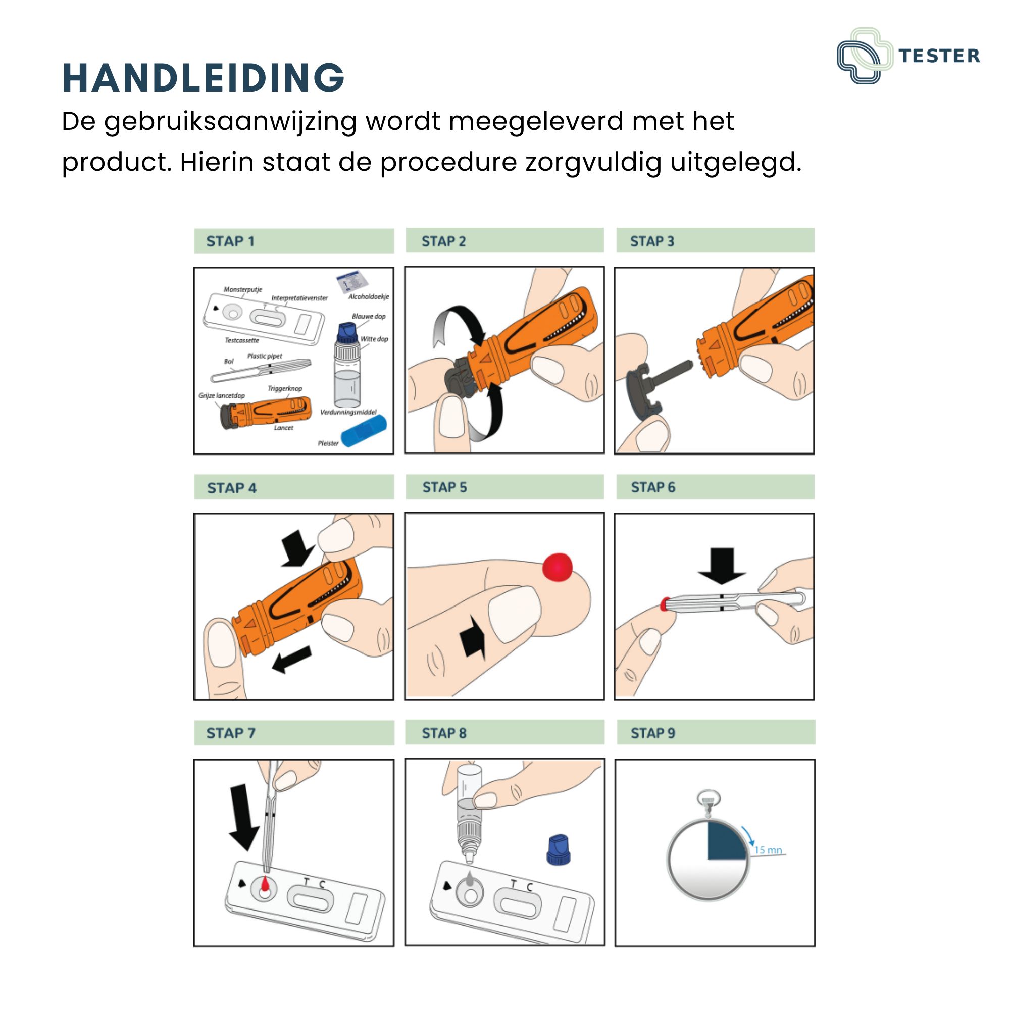 Stapsgewijze instructies voor de glutentest. Illustraties tonen de procedure.
