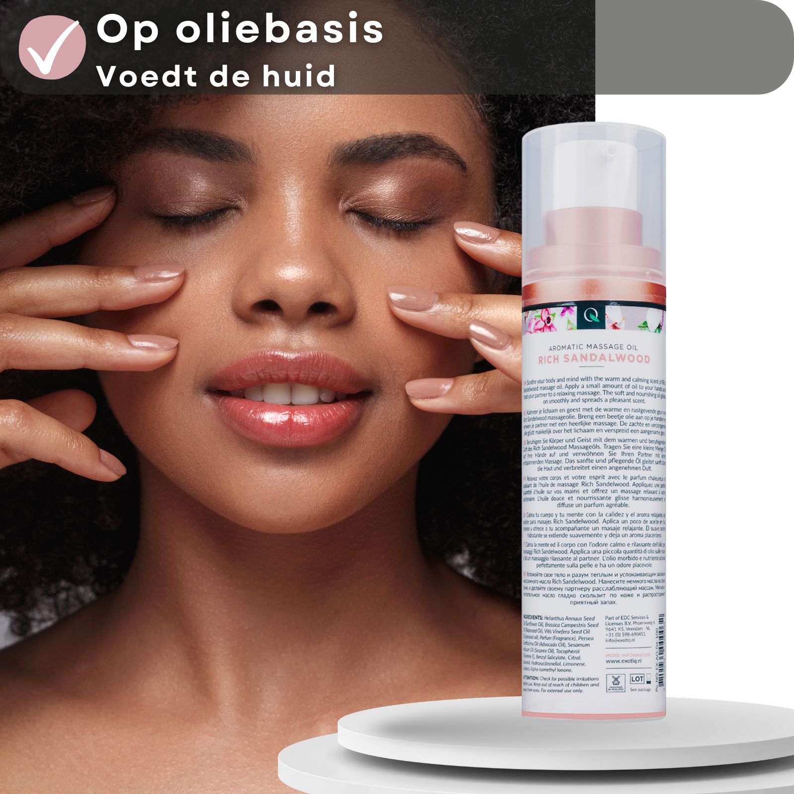 Vrouw met gesloten ogen. Fles met opschrift: EXOTIQ, Massage. Aromatische massageolie Rich Sandalwood.