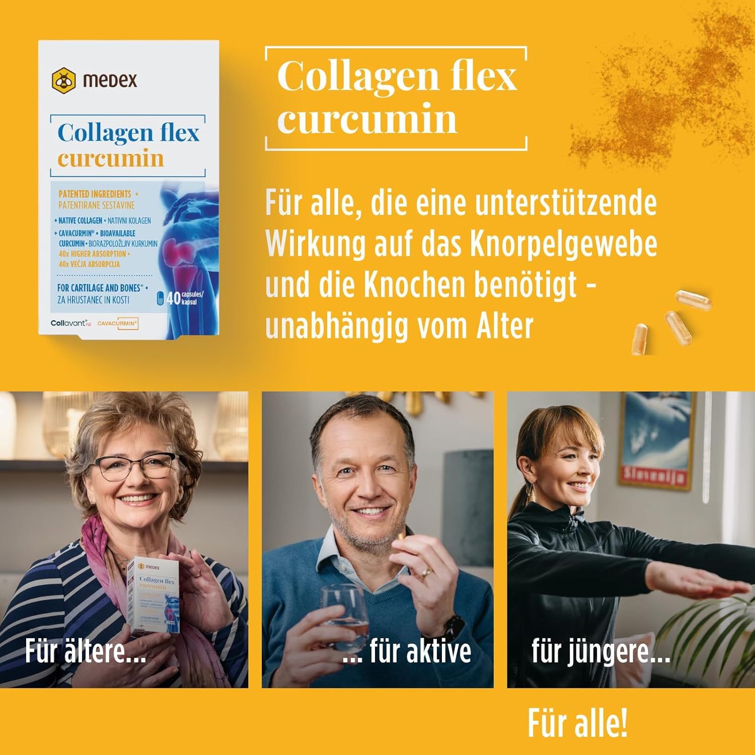 Medex Collagen flex curcuma verpakking met afbeelding van een kniegewricht en capsules.