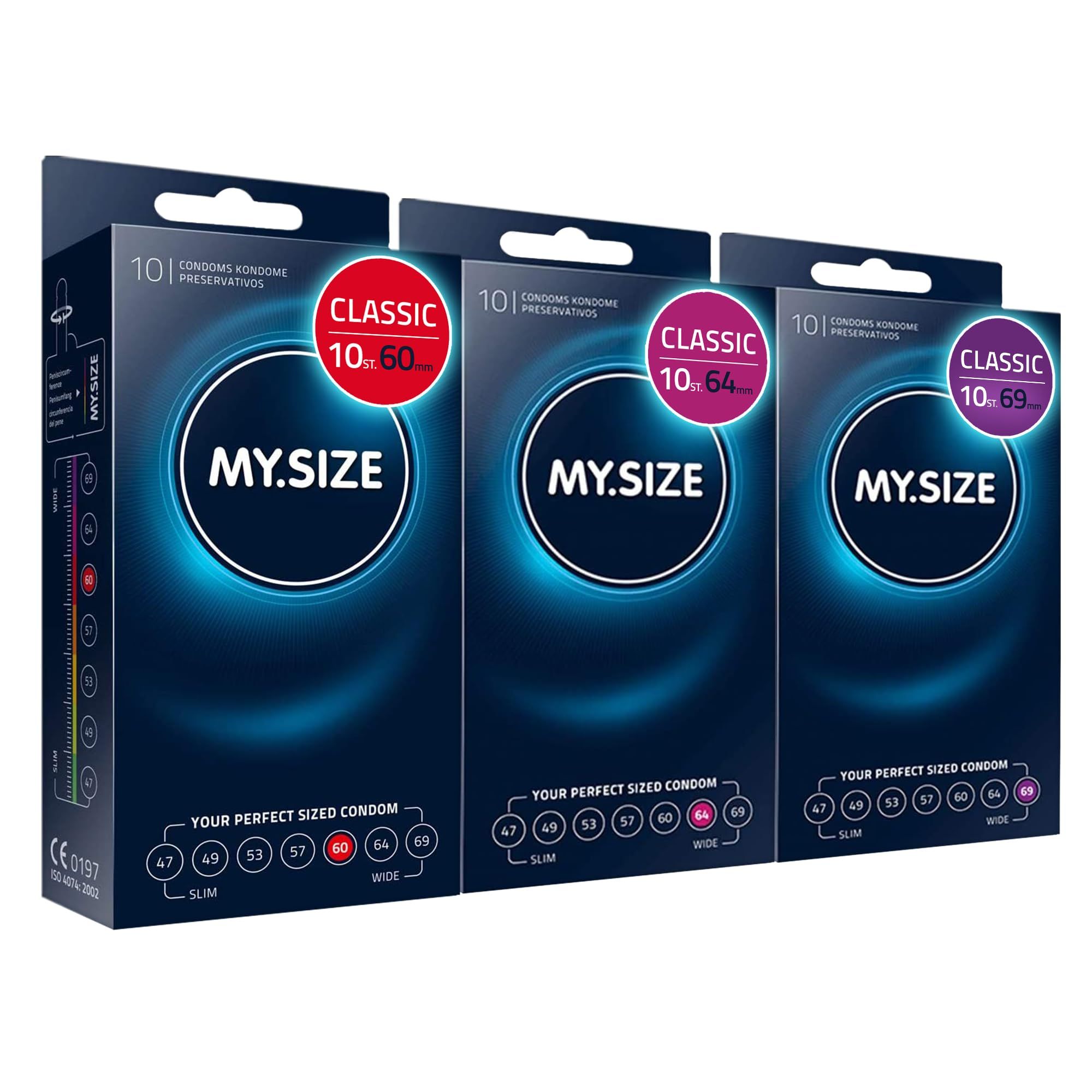 Drie pakken MY.SIZE Classic condooms (maten 60, 64, 69).