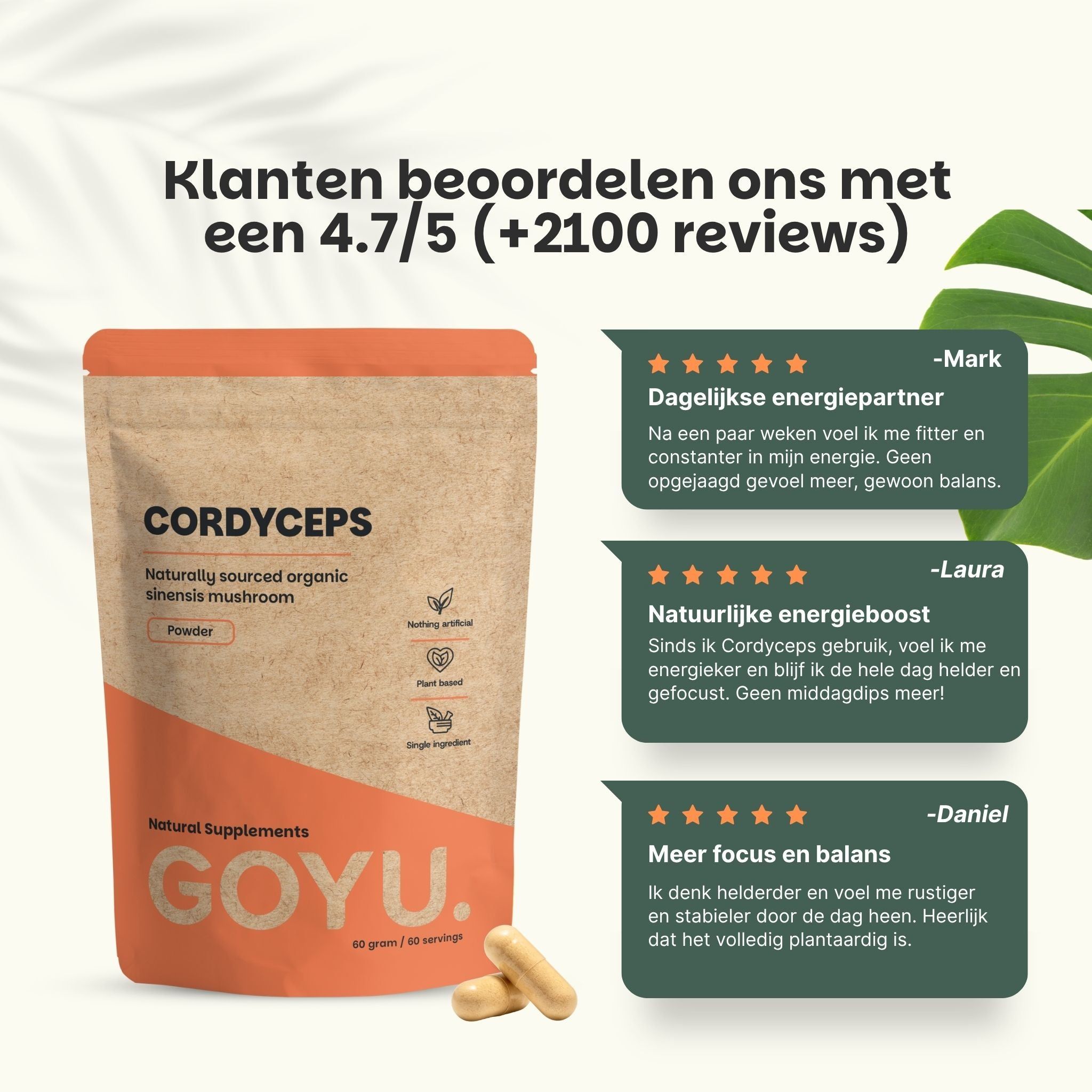 Verpakking Cordyceps-capsules met klantrecensies en sterren.