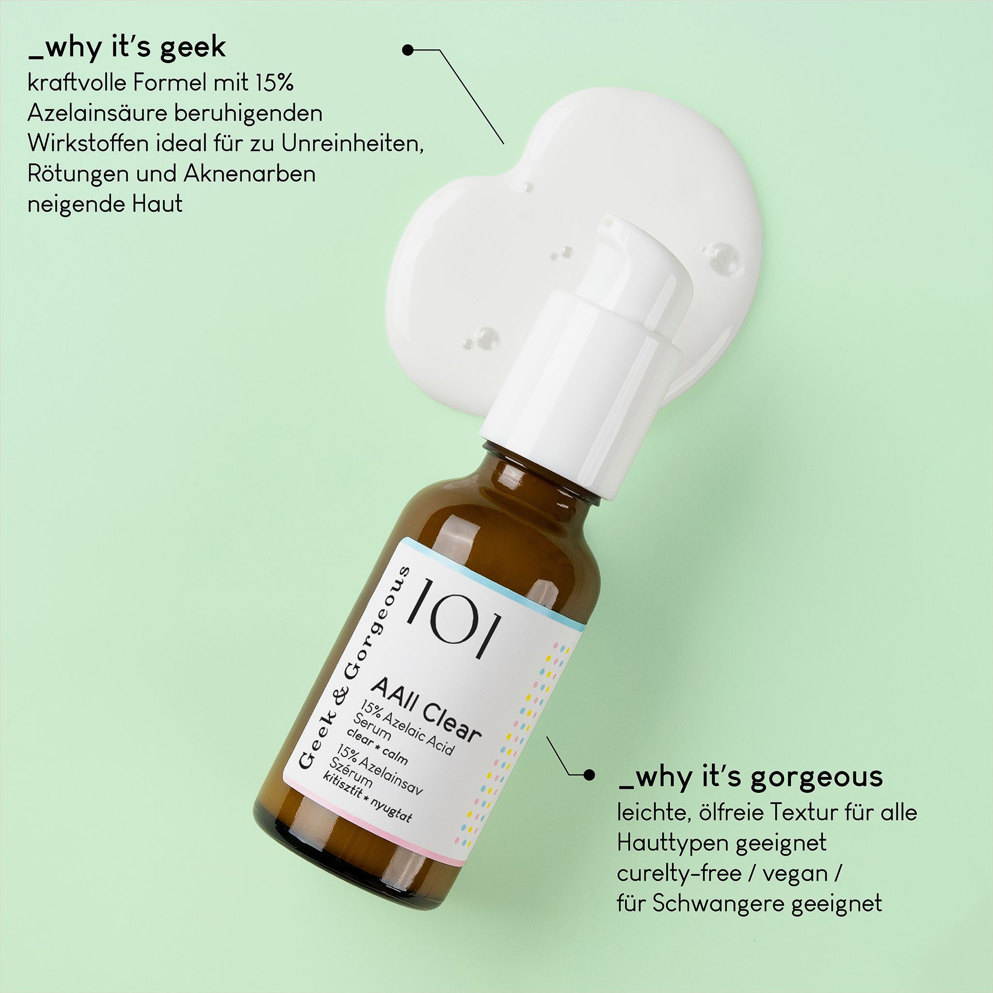 Bruine glazen fles met pompdosser, etiket met "101 AAll Clear 15% Azelaic Acid Serum" en tekst.
