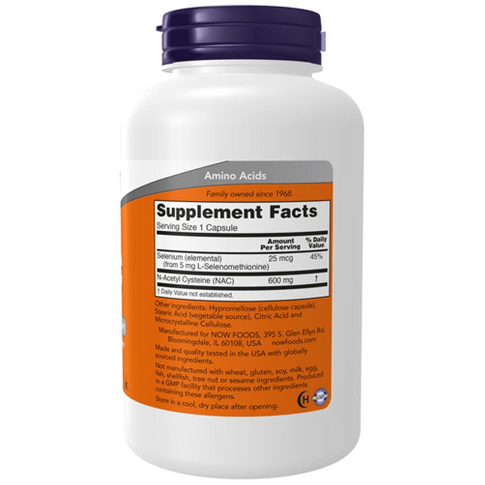 Achterkant witte fles. Opschrift: NOW, Supplement Facts. Bevat N-Acetyl Cysteine (NAC) 600 mg. Ingrediëntenlijst.