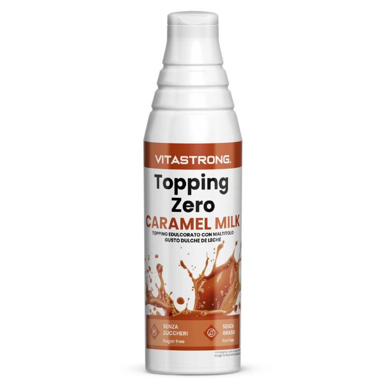 Fles Vitastrong Topping Zero Caramel Milk. Wit met bruin etiket. Met opschriften "Suikervrij" en "Vetvrij".
