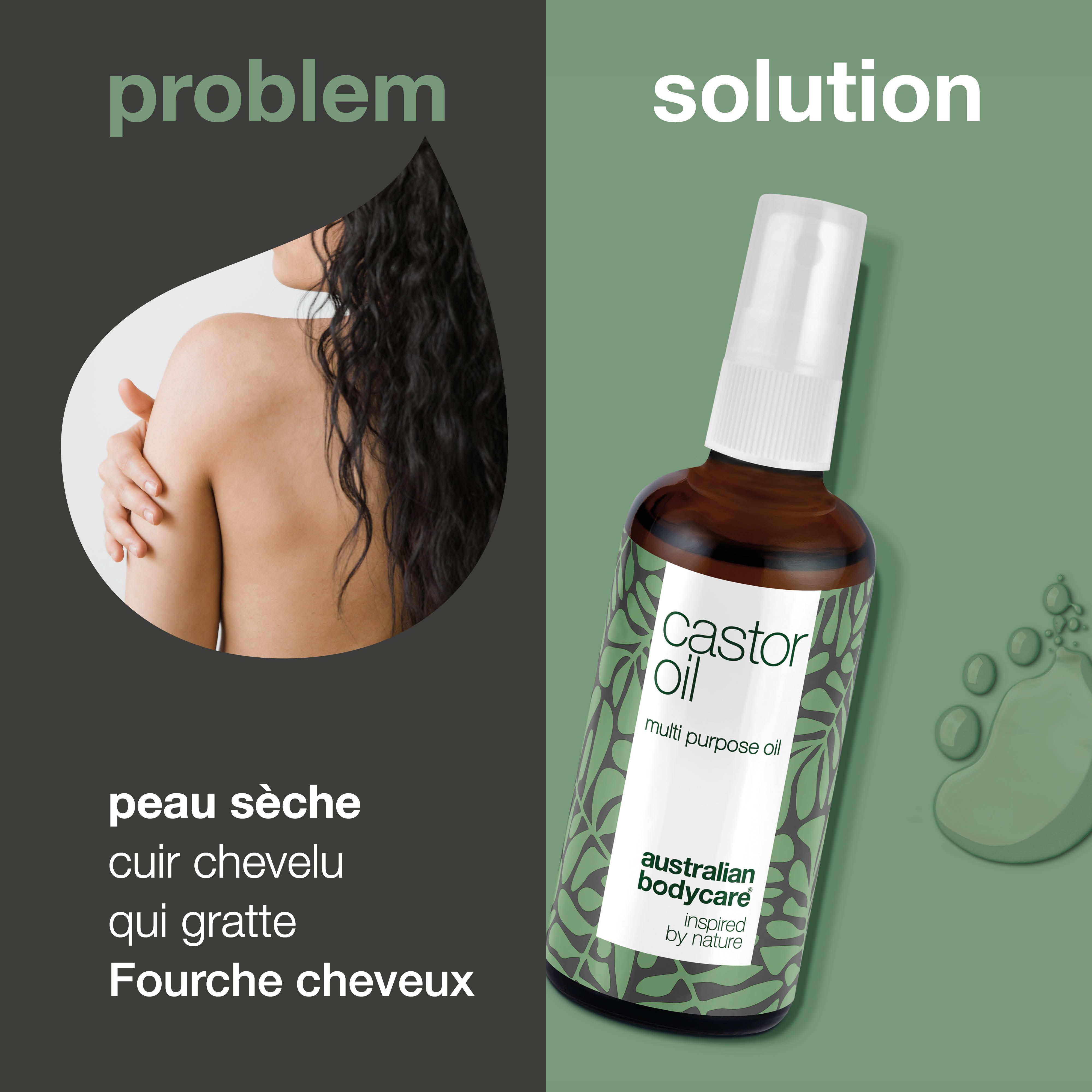Flacon à côté du texte : peau sèche, cuir chevelu irrité, démangeaisons. Solution : flacon.