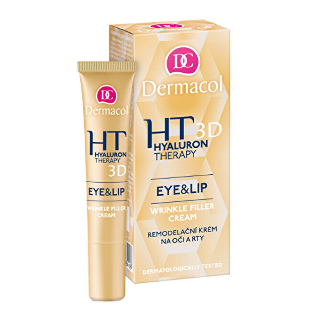 Tube de crème et boîte. Inscription: Dermacol, HT Hyaluron Therapy 3D Eye & Lip Wrinkle Filler Cream.