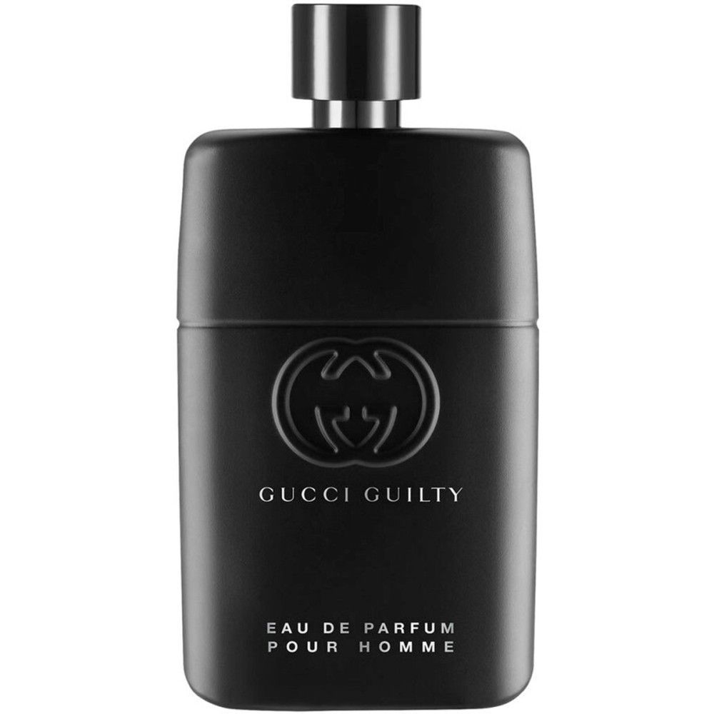 Zwarte fles. Gucci Guilty Pour Homme Eau de Parfum. Logo en tekst. Zilveren dop.