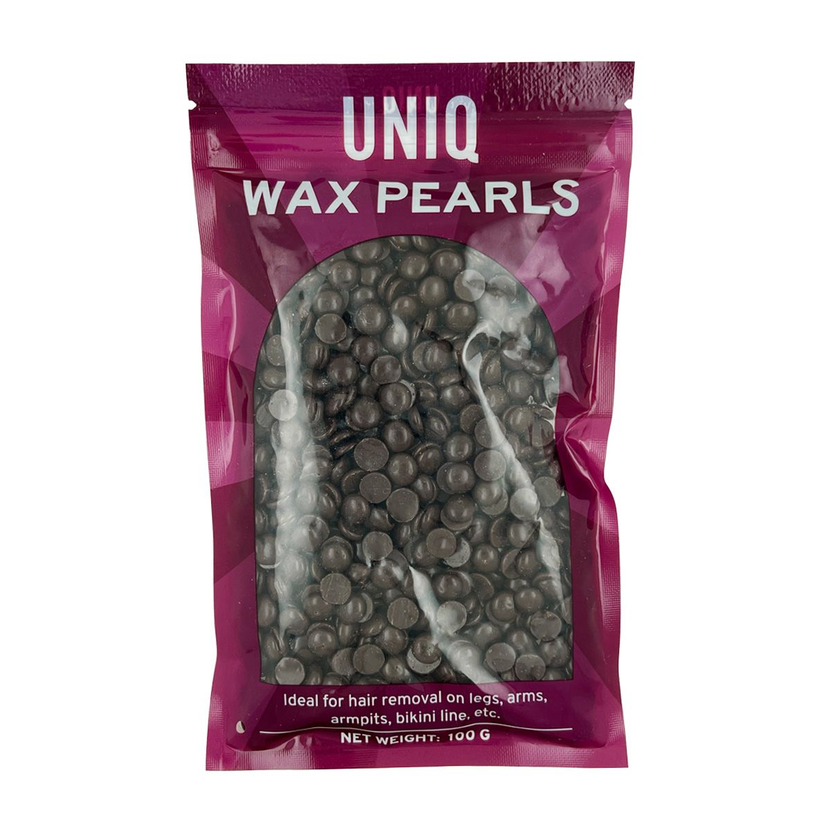 UNIQ waxparels in zak. Zichtbare parels, donkerbruin. Opschrift: Ideaal voor ontharing van benen, armen, oksels, bikinilijn, etc.
