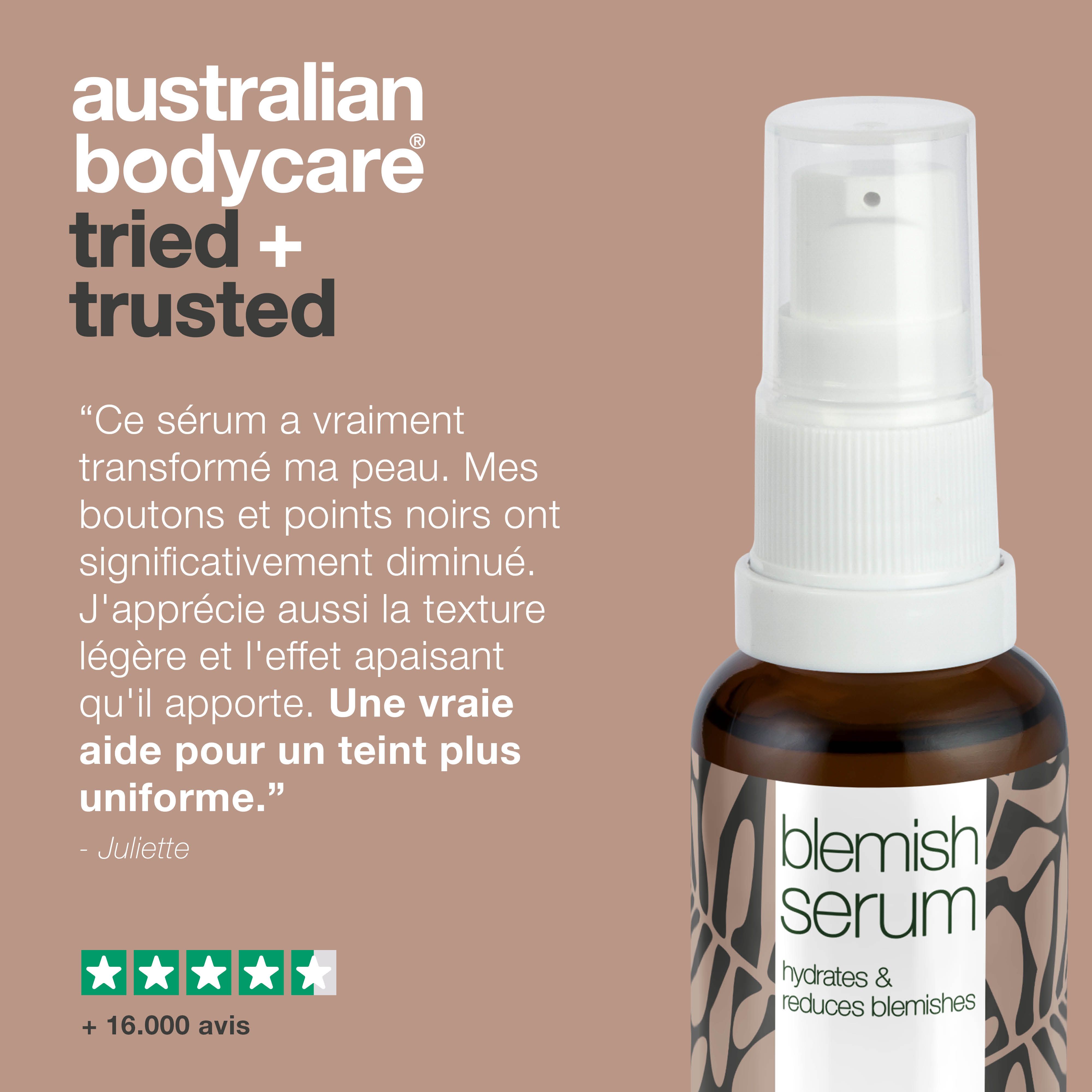 Citations et flacon de sérum. Inscription : Blemish Serum, Australian Bodycare.