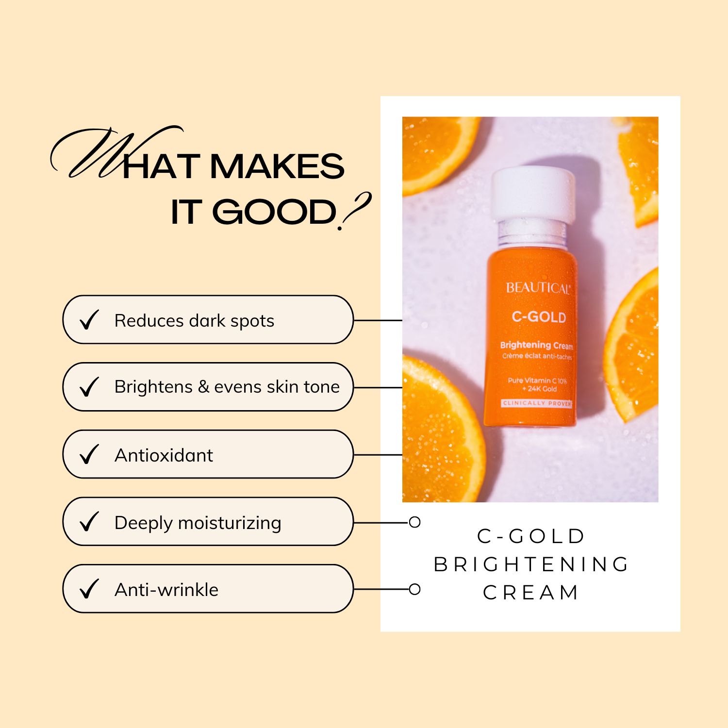 Productfles en tekst. Opschrift: C-GOLD Brightening Cream. Tekst: Vermindert donkere vlekken, etc.