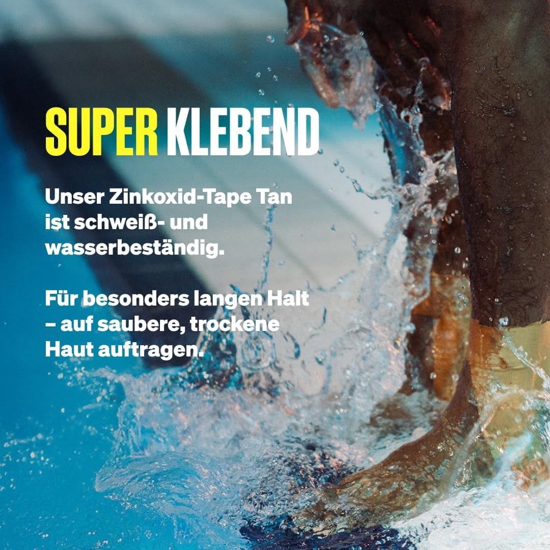 Le ruban SPORTTAPE à l'oxyde de zinc Tan résiste à la sueur et à l'eau.