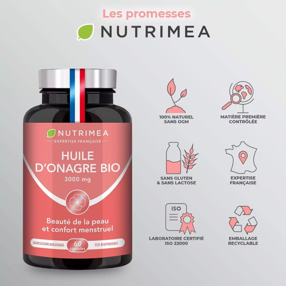 Flacon de gélules. Texte: Huile d'onagre BIO 3000 mg. Beauté, confort. Certifié ISO 22000.