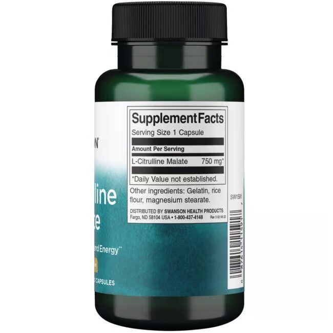 Dos de la bouteille verte. Inscription: Supplement Facts, L-Citrulline Malate 750 mg. Autres ingrédients.