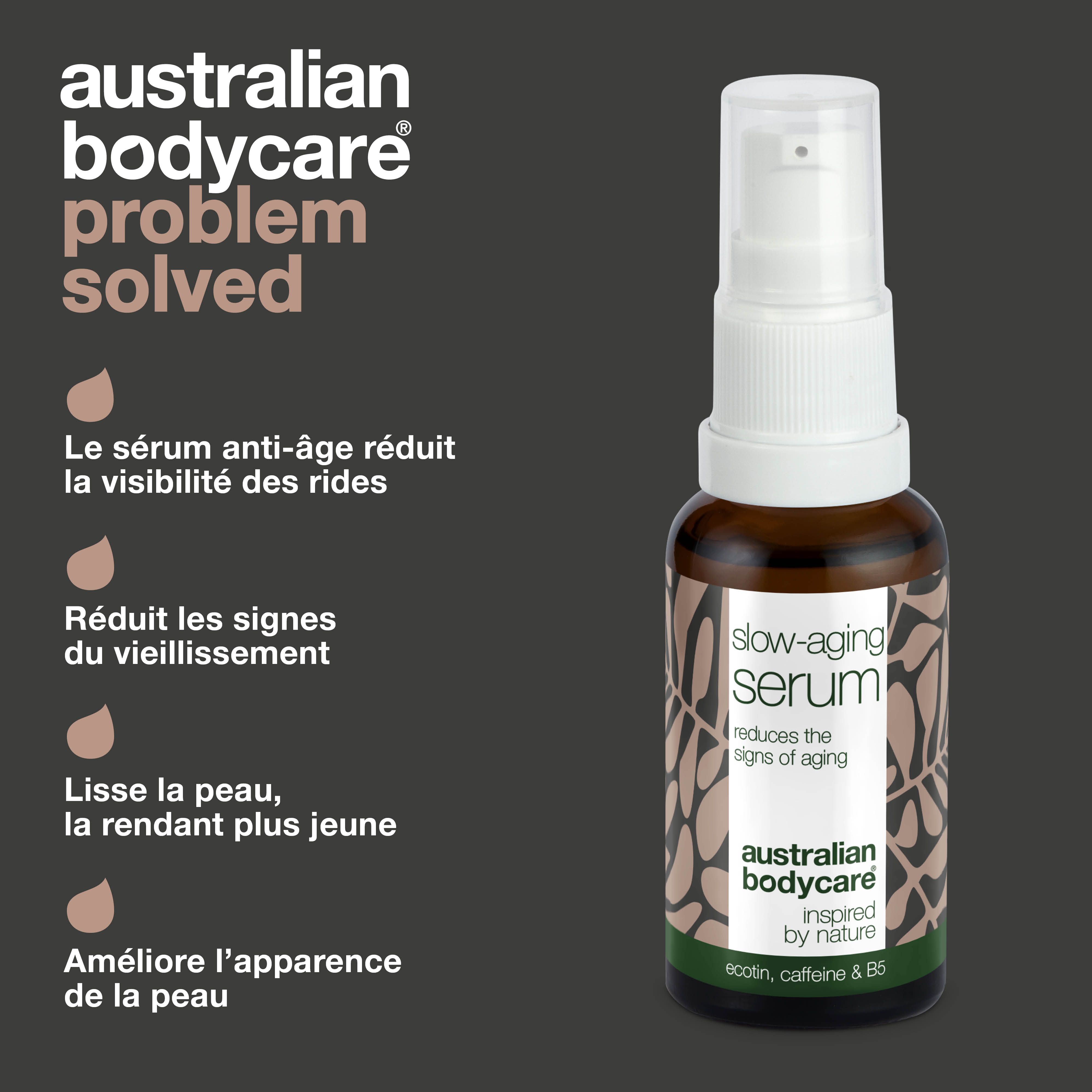 Flacon de sérum avec texte : Slow-Aging Serum réduit les rides. Marque : australian bodycare.