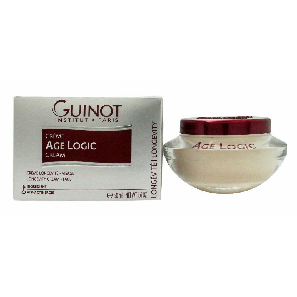 Crèmepot en doos. Opschrift: Guinot, Crème Age Logic. 50ml. Longevité. Gezicht.